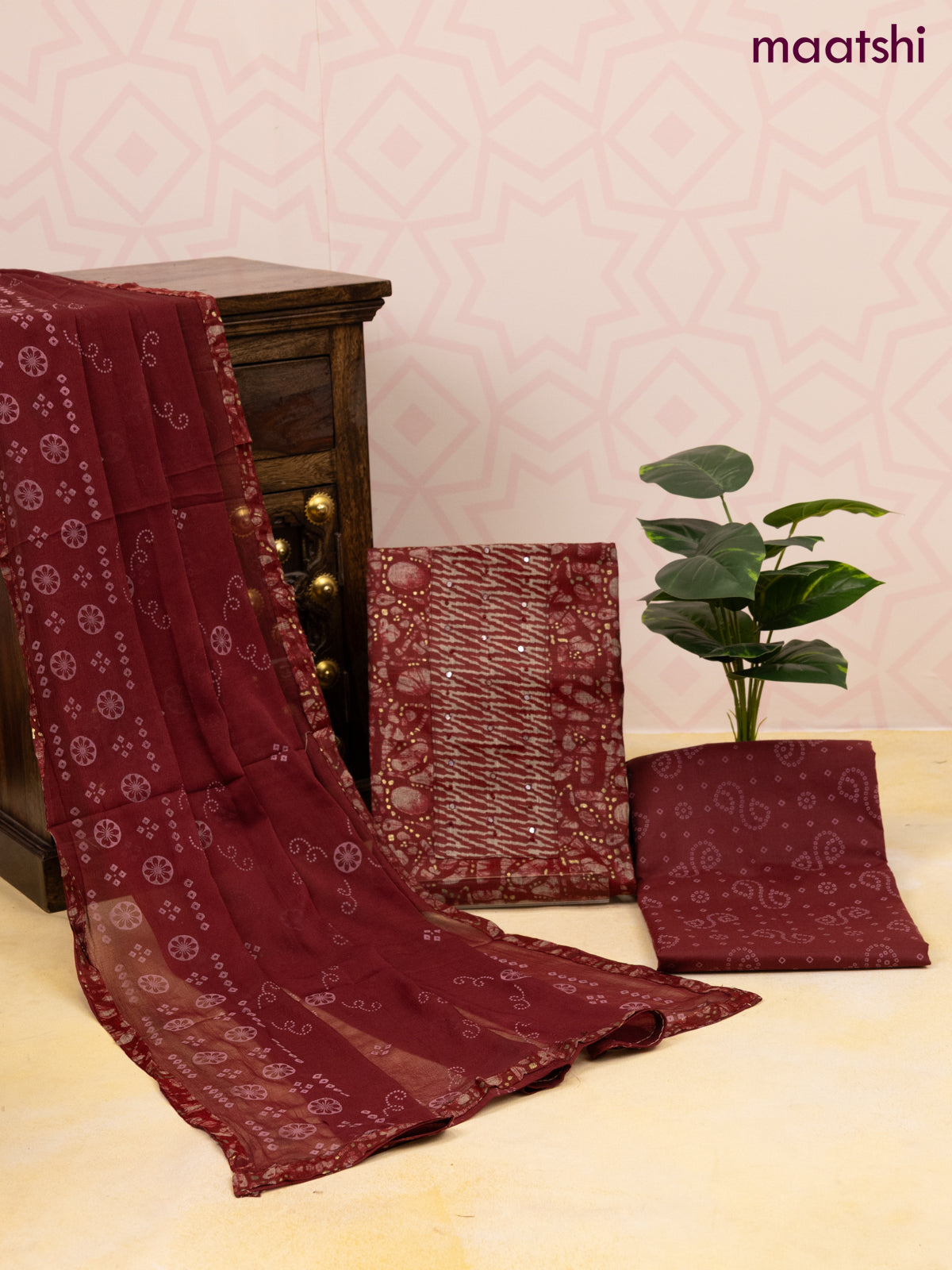 Rayon dress material maroon with allover prints & mirror work neck pattern and bottom & chiffon dupatta