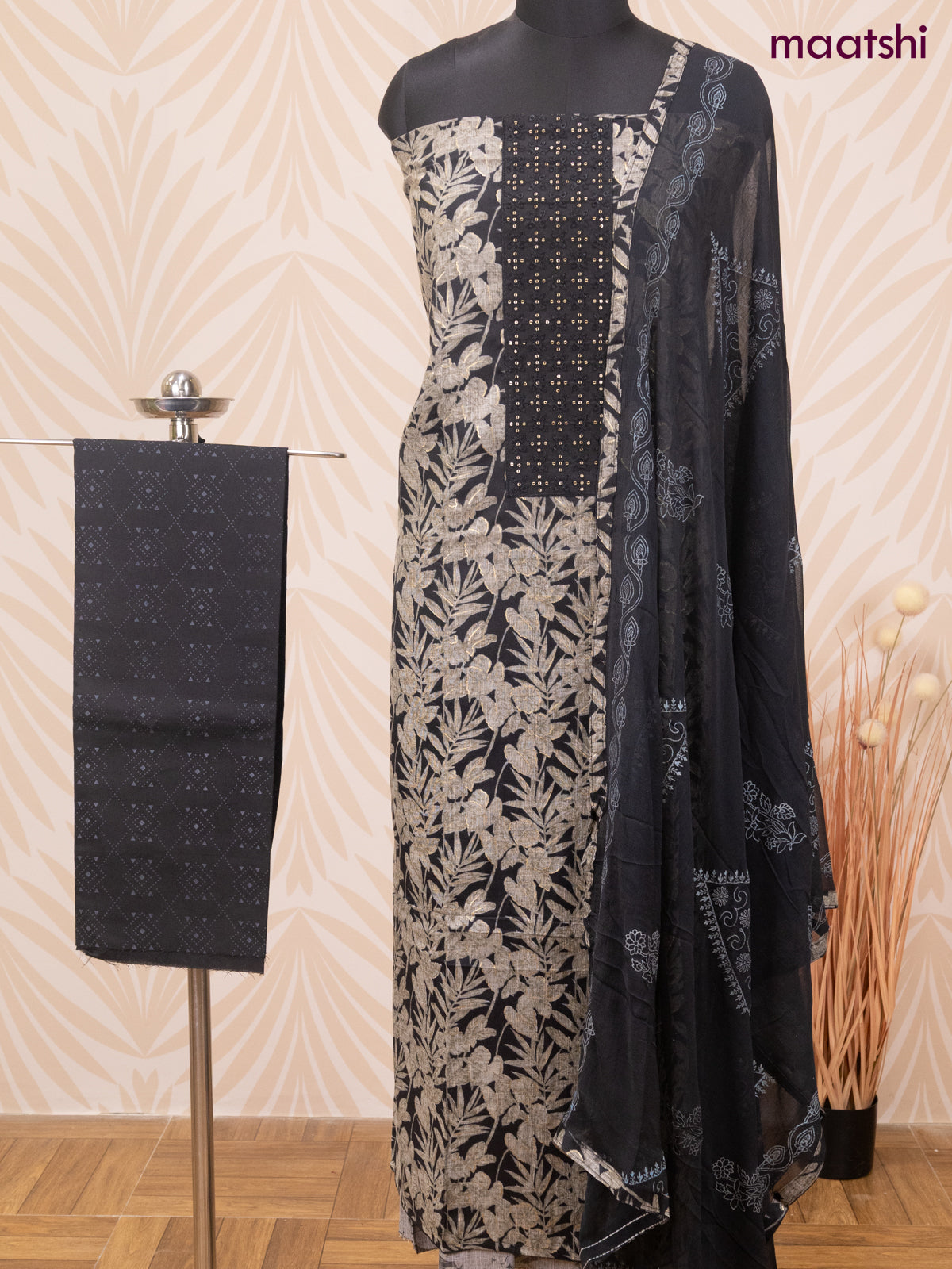 Rayon dress material black and grey shade with allover prints & embroidery sequin work neck pattern and bottom & chiffon dupatta