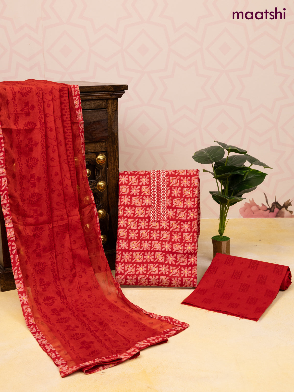 Rayon dress material red with allover prints & embroidery work neck pattern and bottom & chiffon dupatta