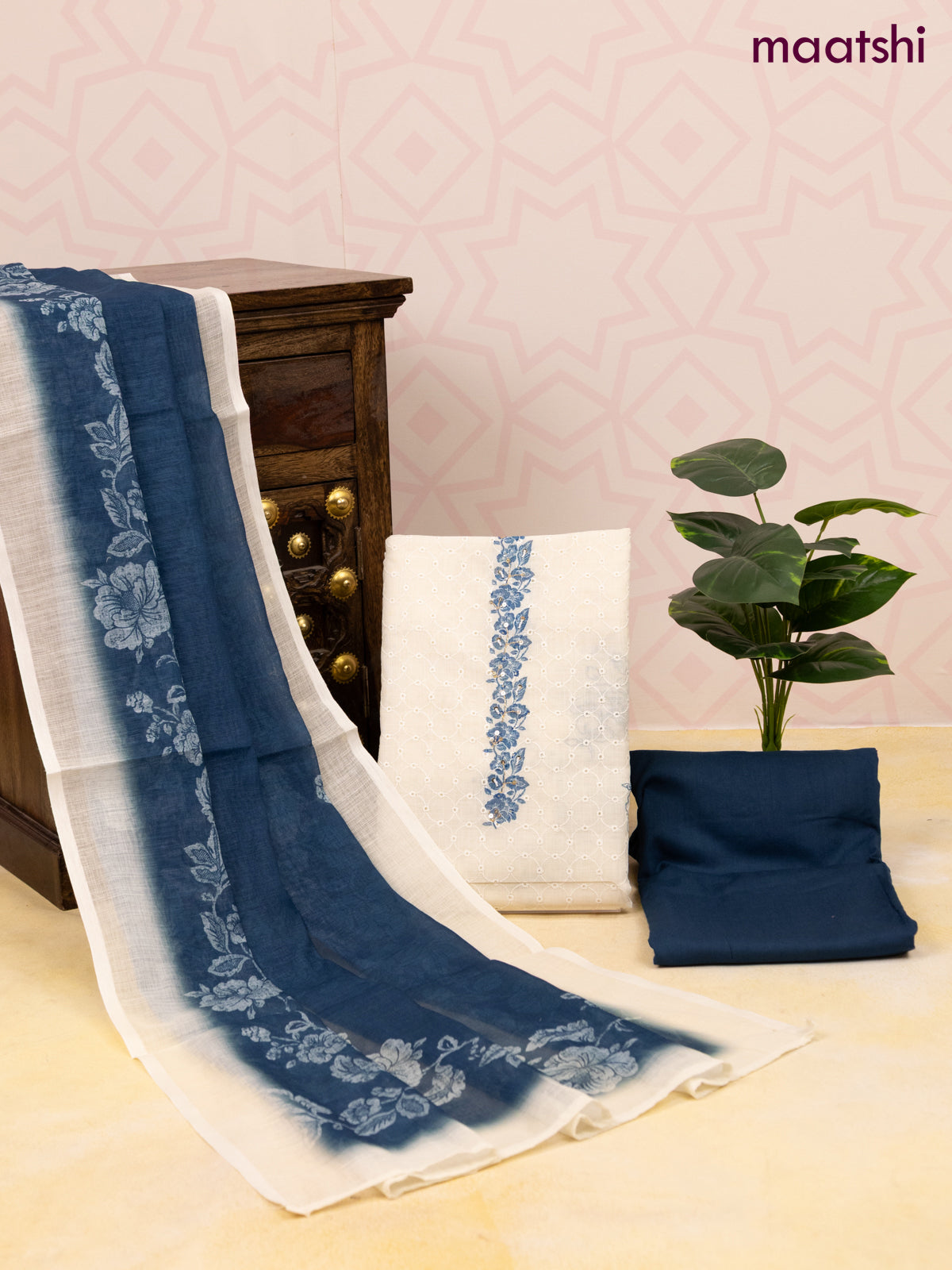 Cotton dress material off white and peacock blue with allover hakoba work & sequin work neck pattern and bottom & dupatta