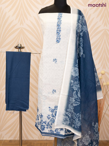 Cotton dress material off white and peacock blue with allover hakoba work & sequin work neck pattern and bottom & dupatta