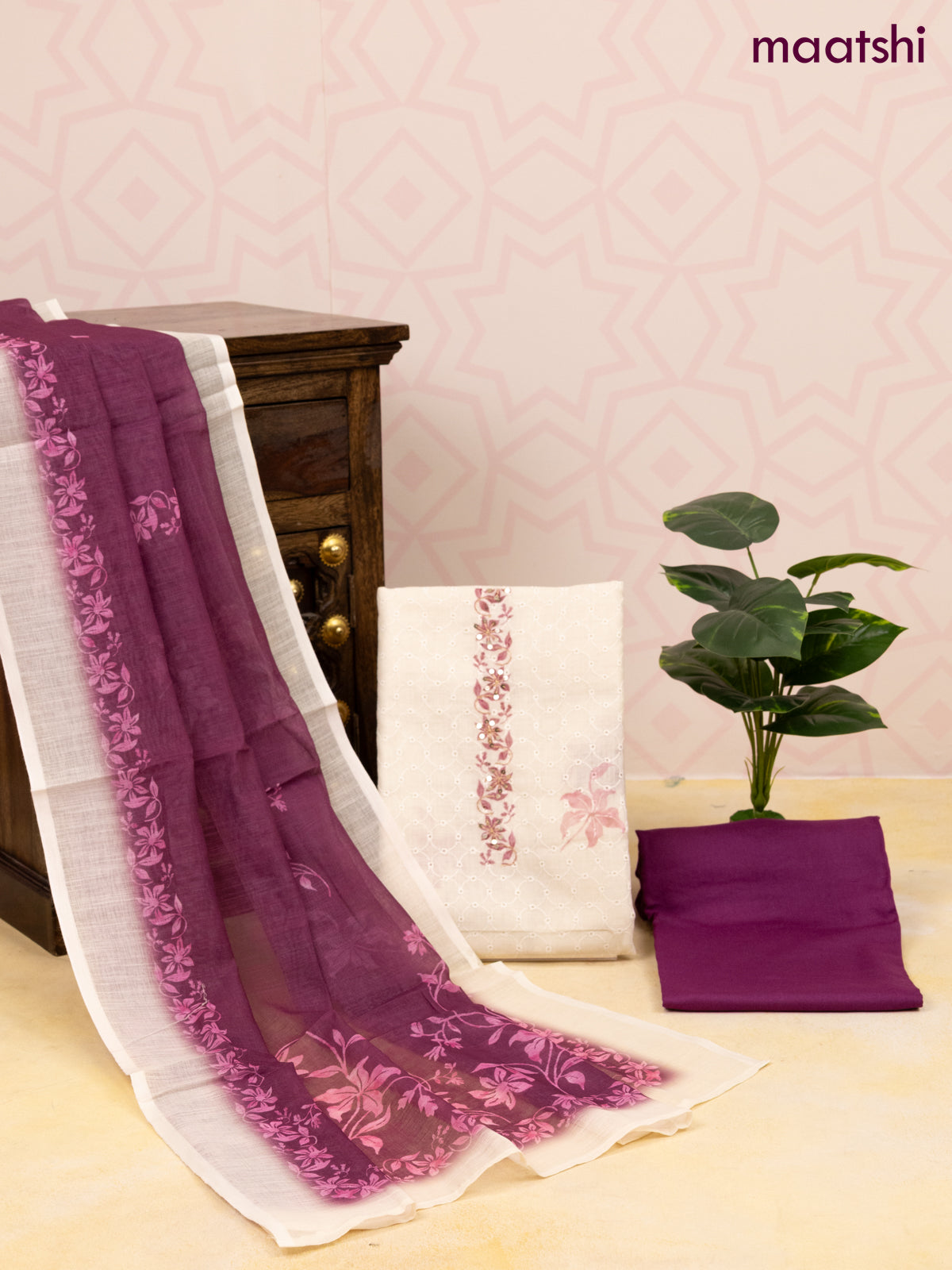 Cotton dress material off white and wine shade with allover hakoba work & sequin work neck pattern and bottom & dupatta