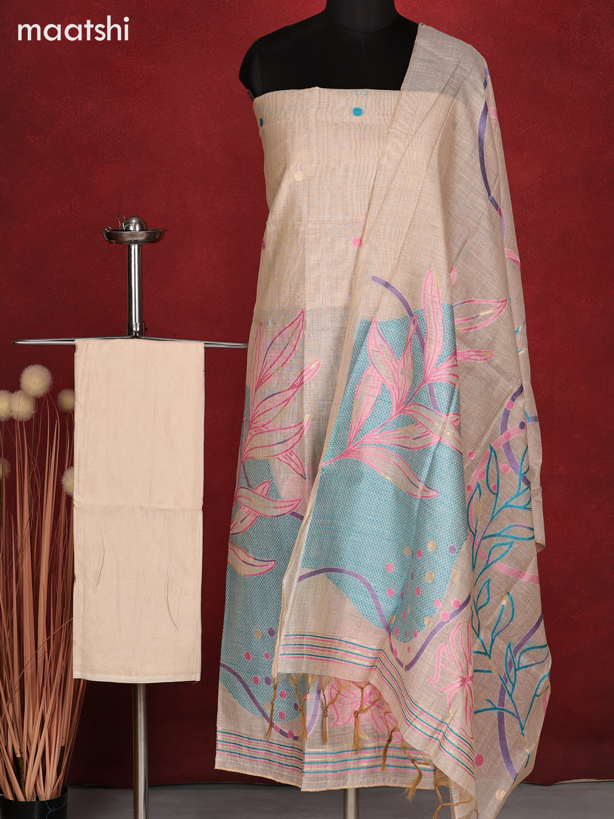 Munga dress material cream and teal blue pink with allover thread & zari weaves and bottom & dupatta