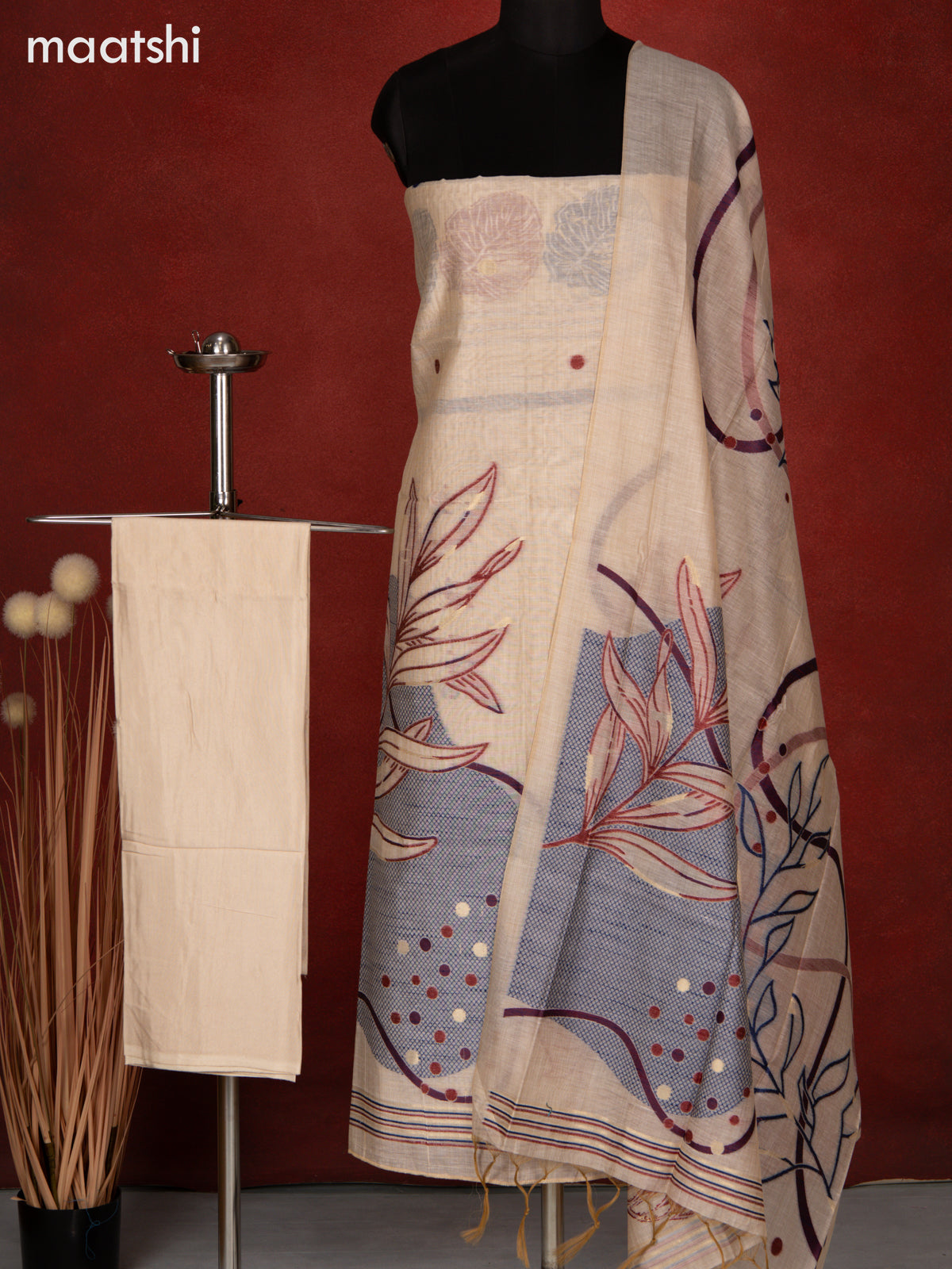 Munga dress material cream and blue maroon with allover thread & zari weaves and bottom & dupatta