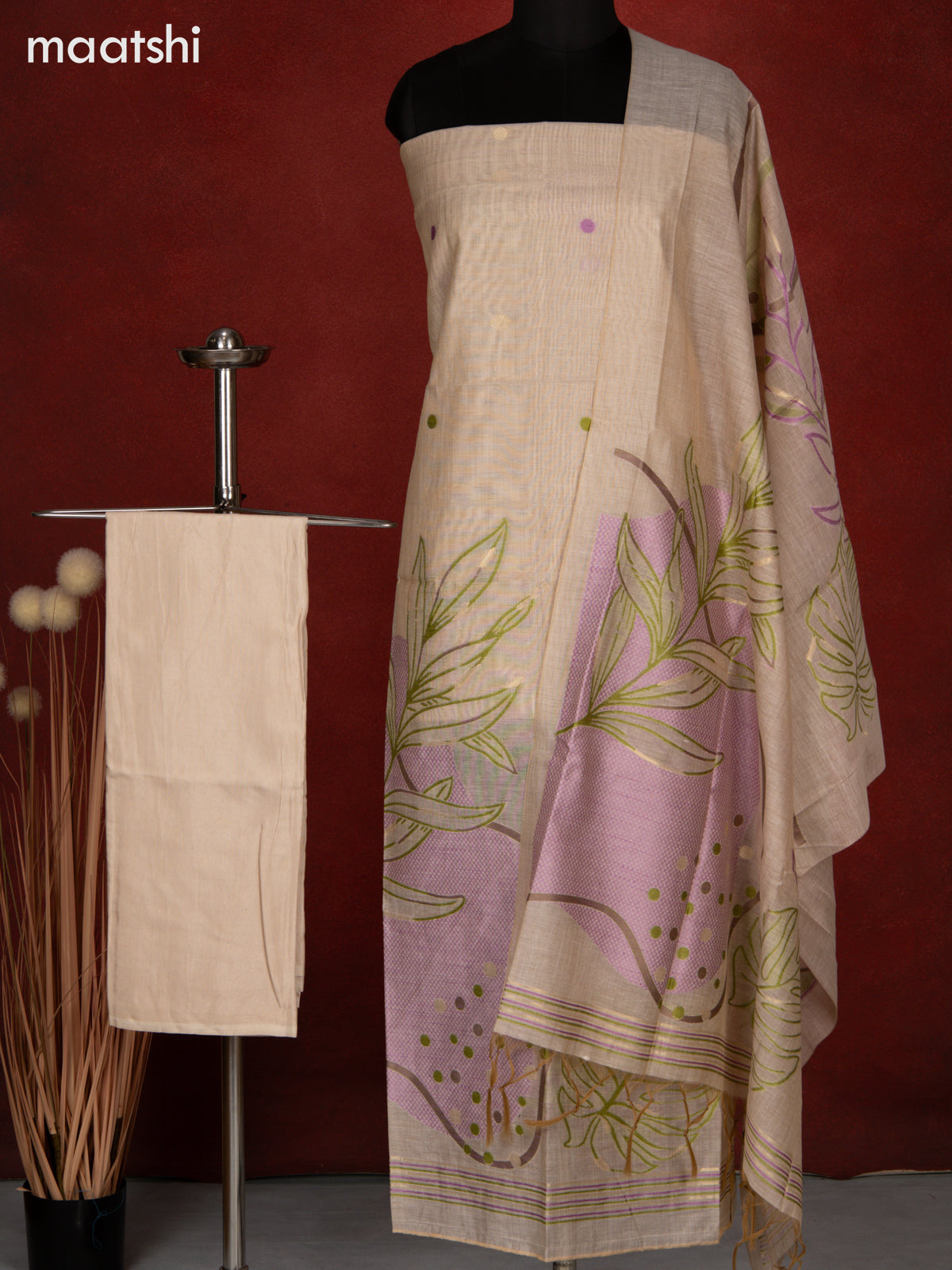 Munga dress material cream and lavender green with allover thread & zari weaves and bottom & dupatta