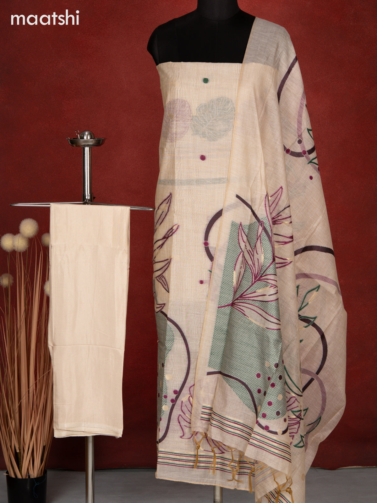 Munga dress material cream and wine shade green with allover thread & zari weaves and bottom & dupatta