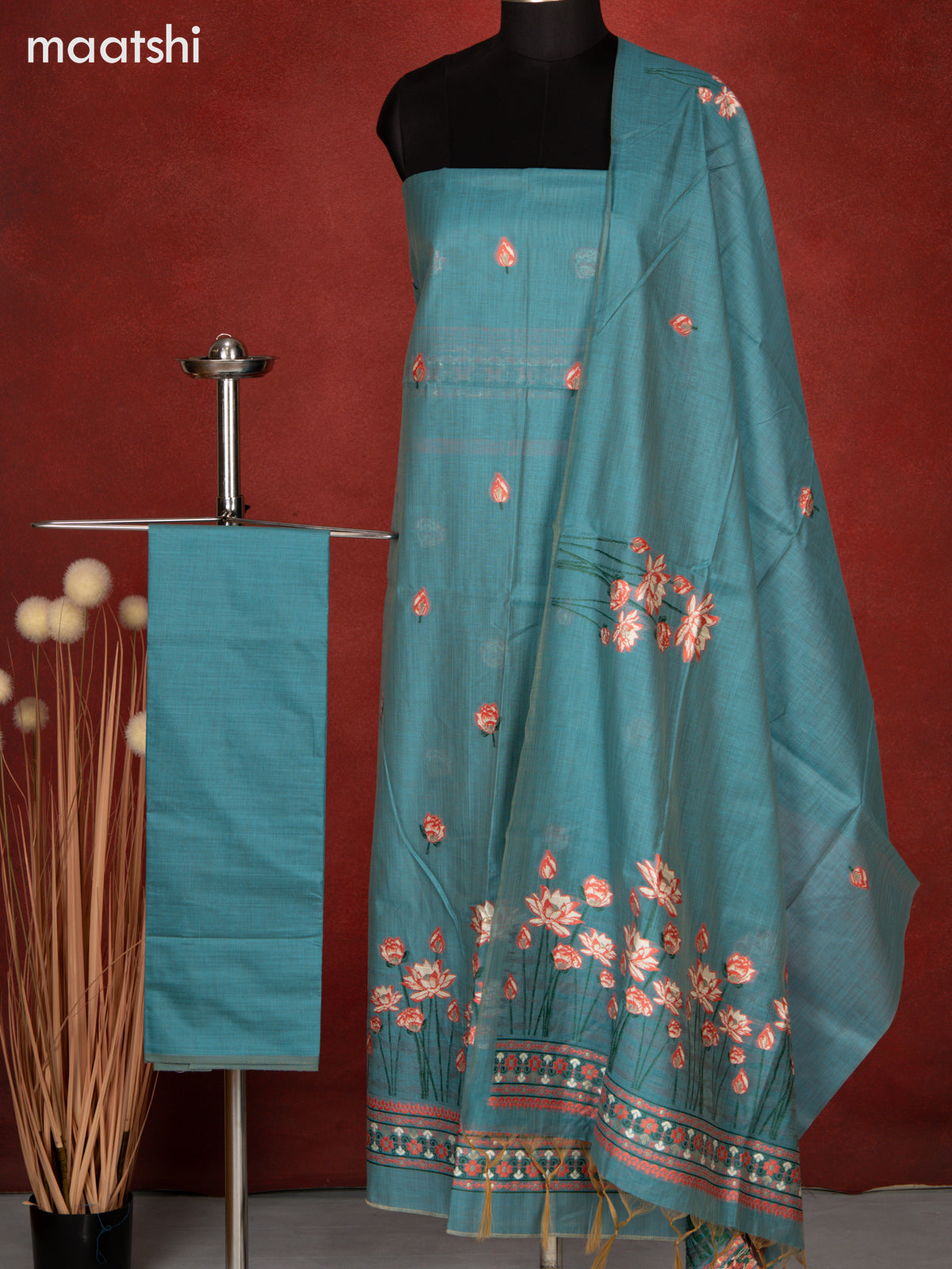Munga dress material teal green with thread & zari floral design and bottom & dupatta