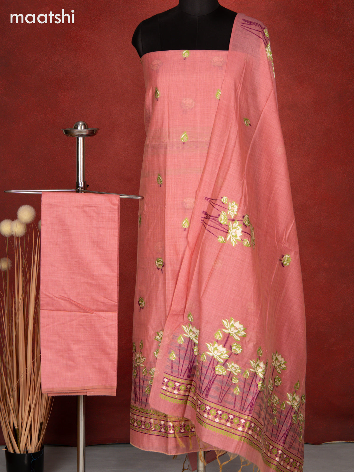 Munga dress material peach pink with thread & zari floral design and bottom & dupatta