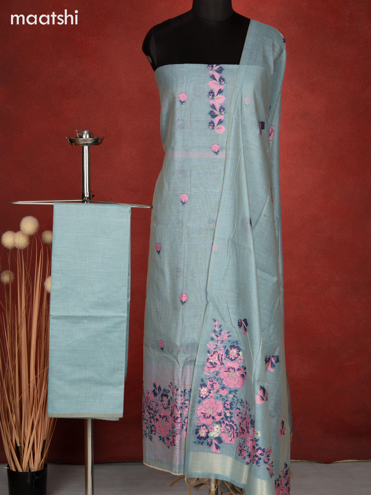 Munga dress material pastel blue with thread & zari floral design and bottom & dupatta