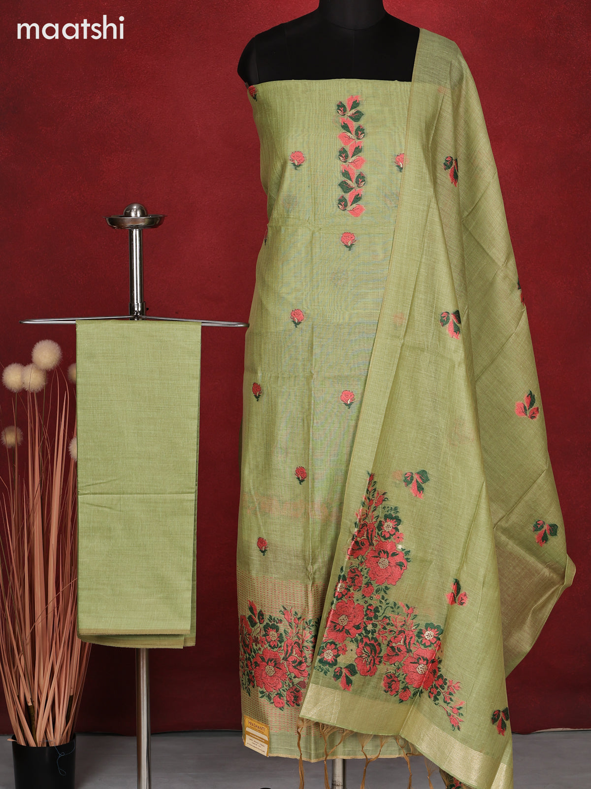 Munga dress material pista green with thread & zari floral design and bottom & dupatta
