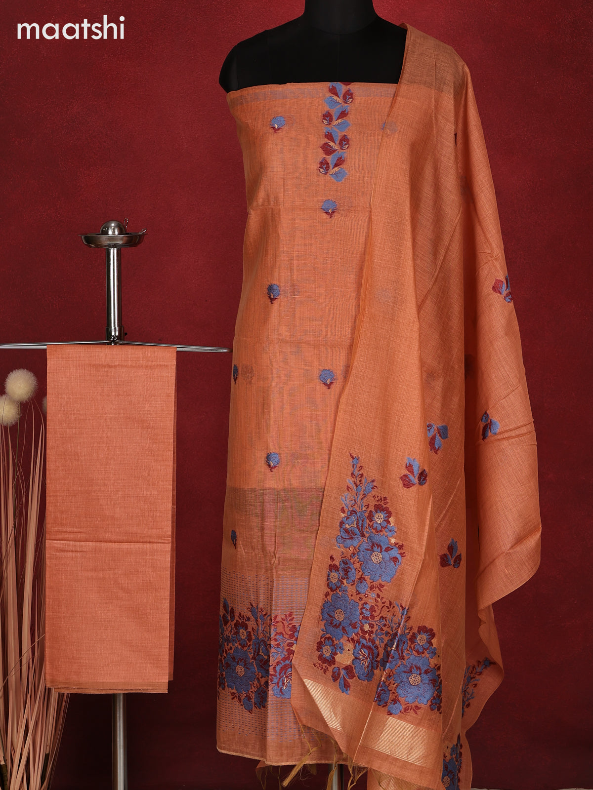 Munga dress material pale orange with thread & zari floral design and bottom & dupatta