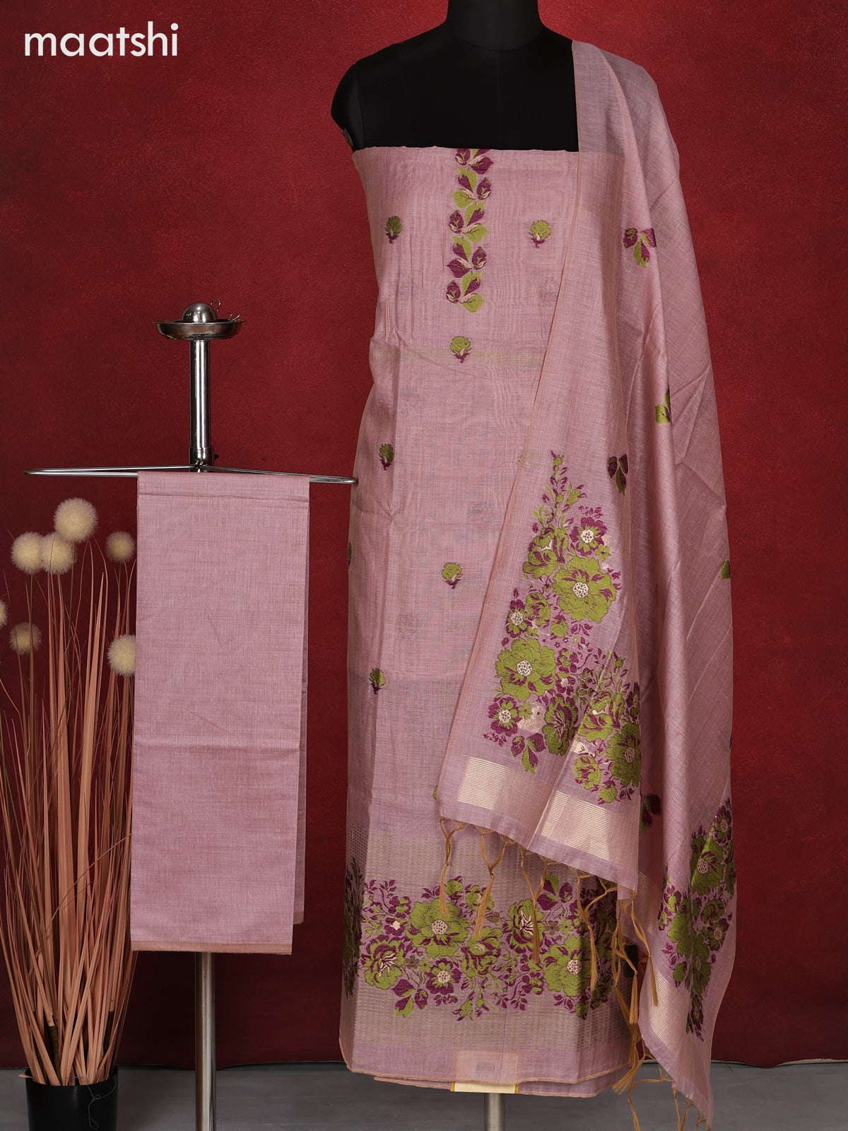 Munga dress material pastel pink with thread & zari floral design and bottom & dupatta