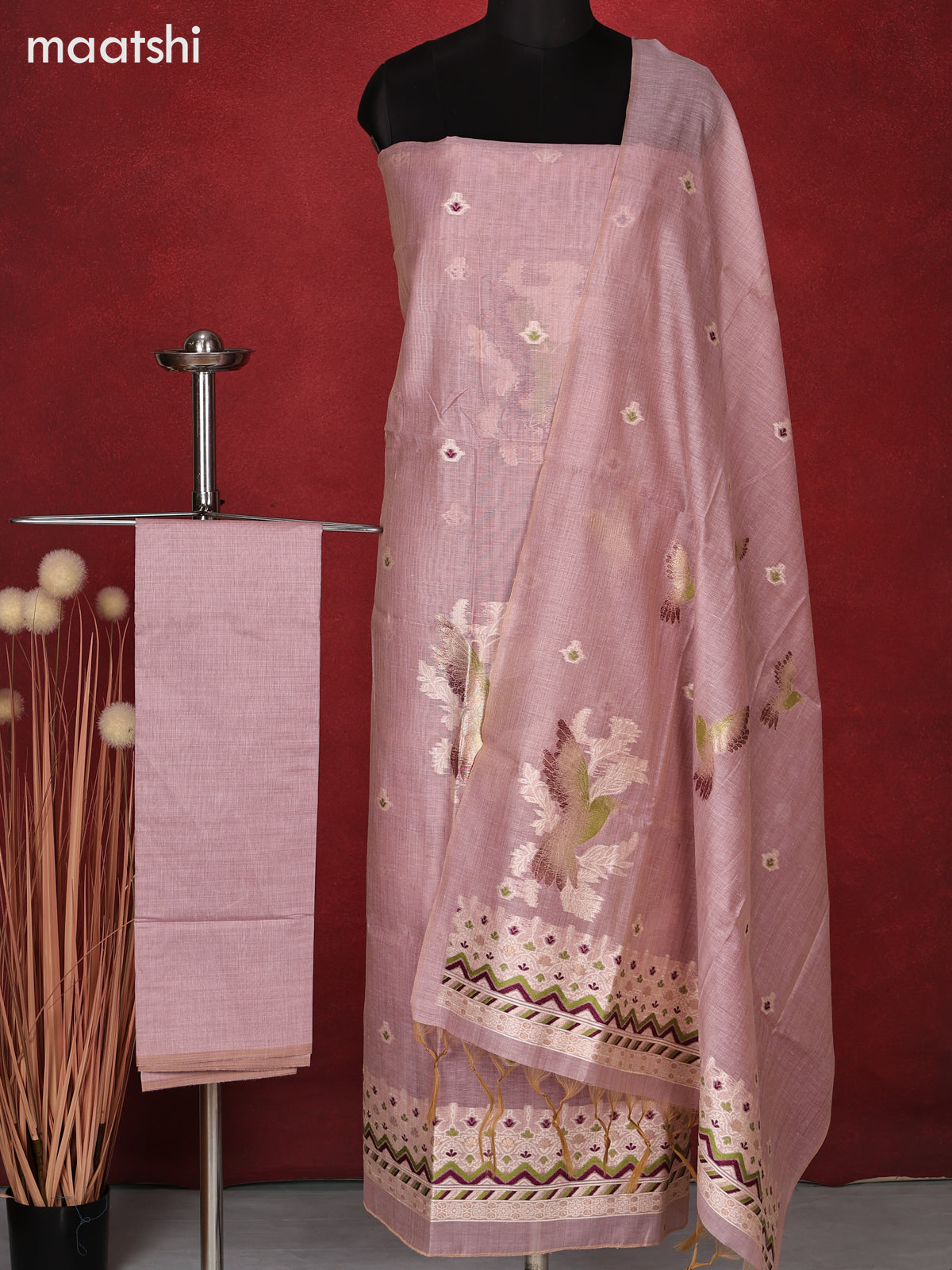 Munga dress material pastel pink with thread woven buttas and bottom & dupatta