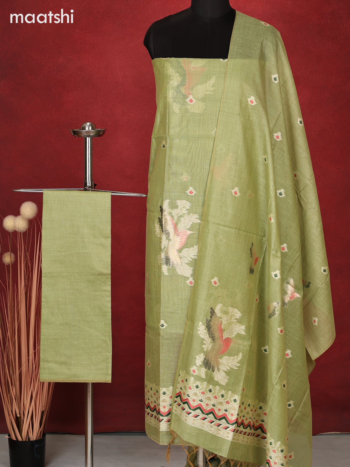 Munga dress material pista green with thread woven buttas and bottom & dupatta