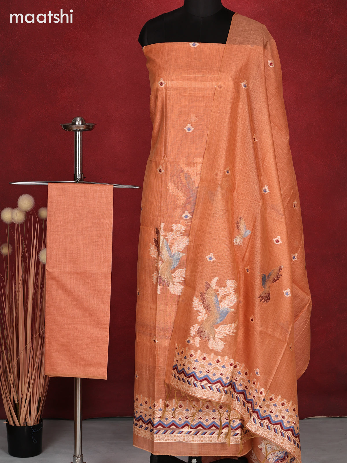 Munga dress material pale orange with thread woven buttas and bottom & dupatta