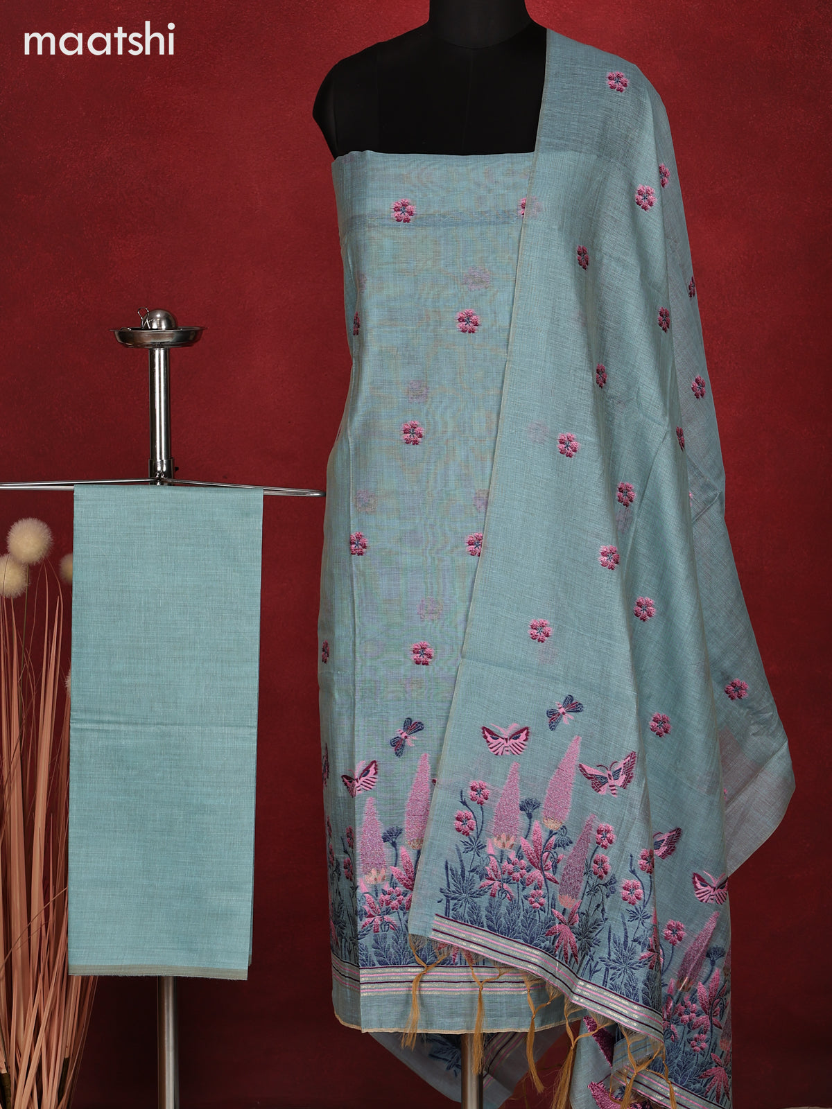 Munga dress material pastel blue with thread woven floral buttas and bottom & dupatta