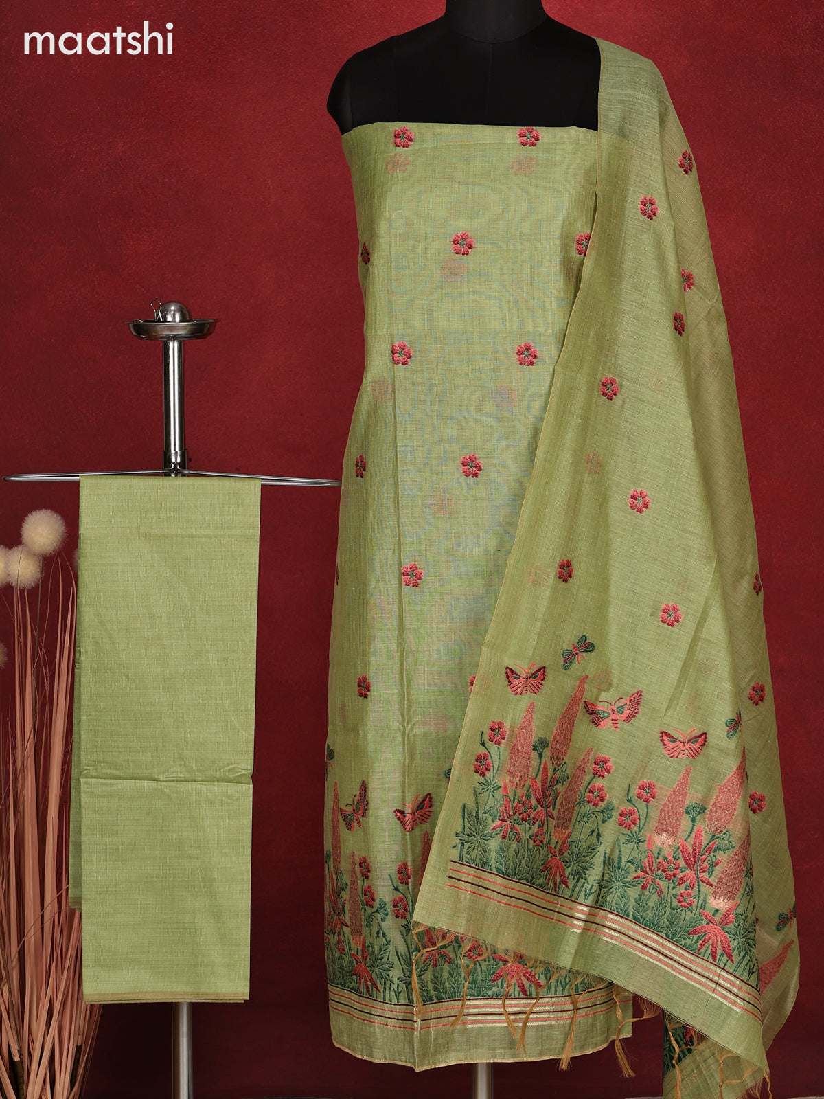 Munga dress material pista green with thread woven floral buttas and bottom & dupatta