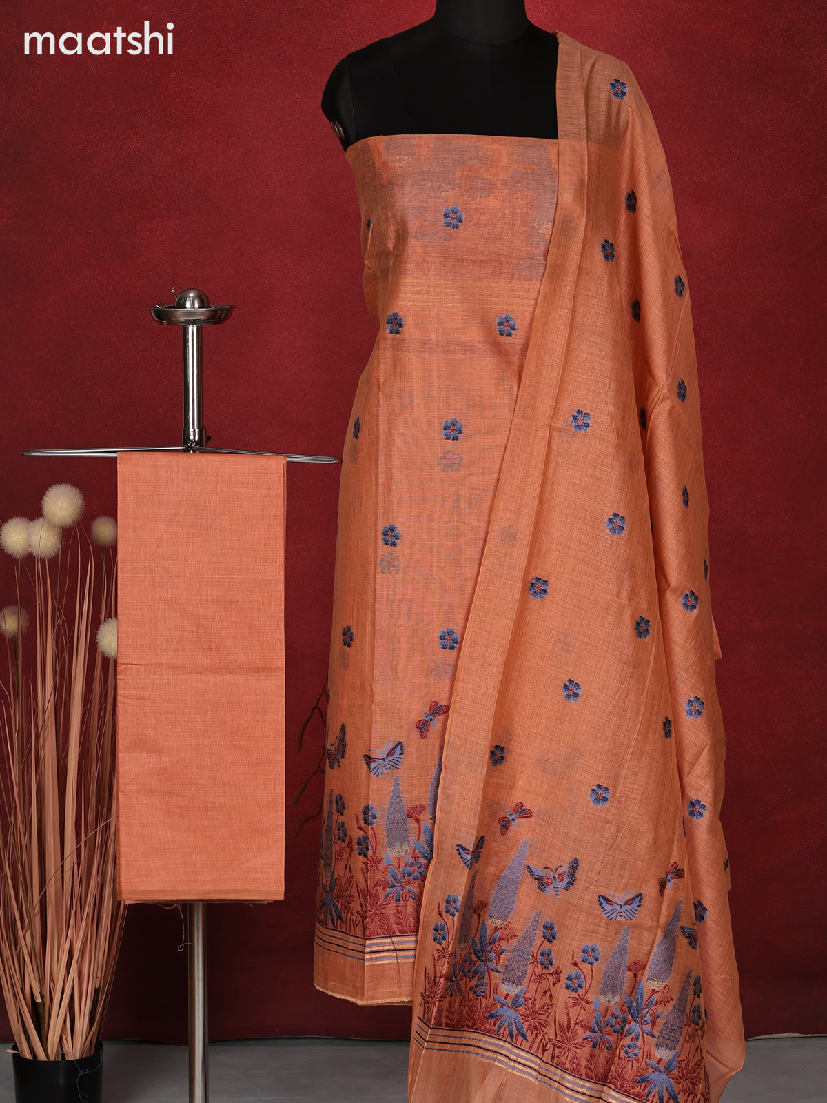Munga dress material pale orange with thread woven floral buttas and bottom & dupatta
