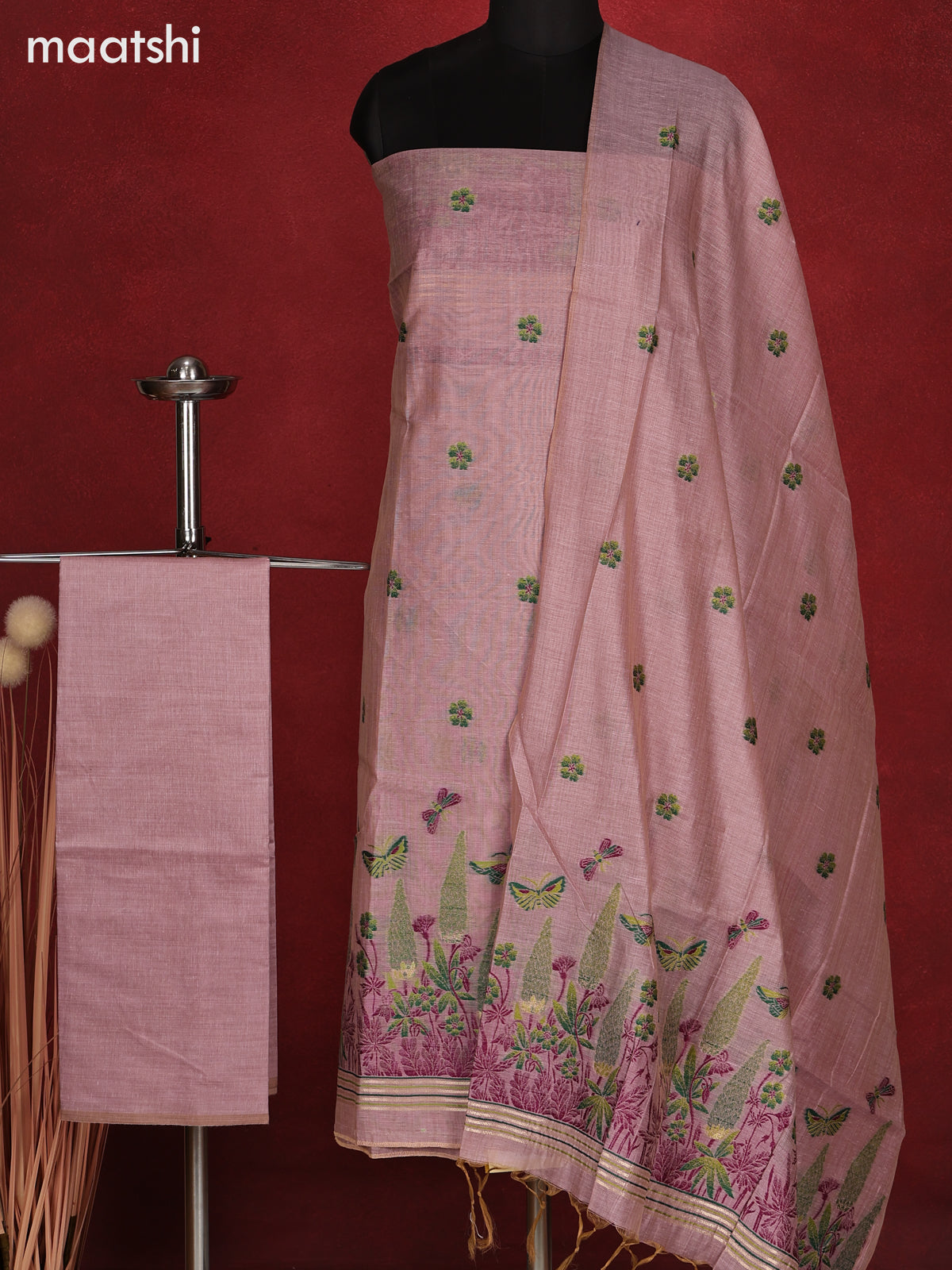 Munga dress material pastel pink with thread woven floral buttas and bottom & dupatta