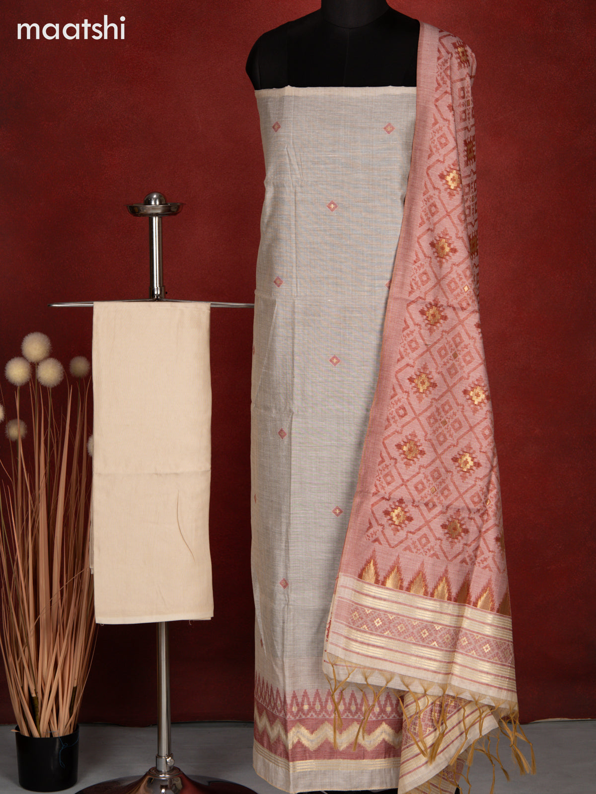 Munga dress material cream and maroon with thread & zari woven buttas and bottom & dupatta