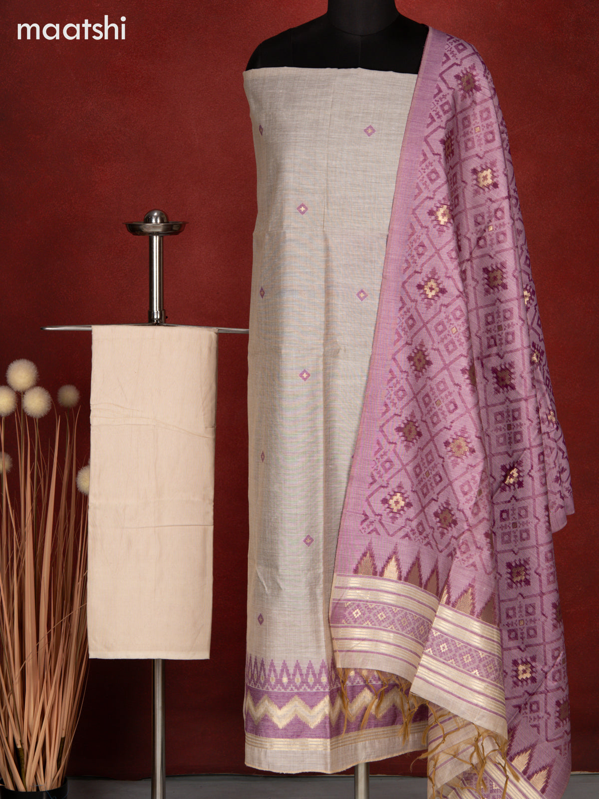 Munga dress material cream and purple with thread & zari woven buttas and bottom & dupatta