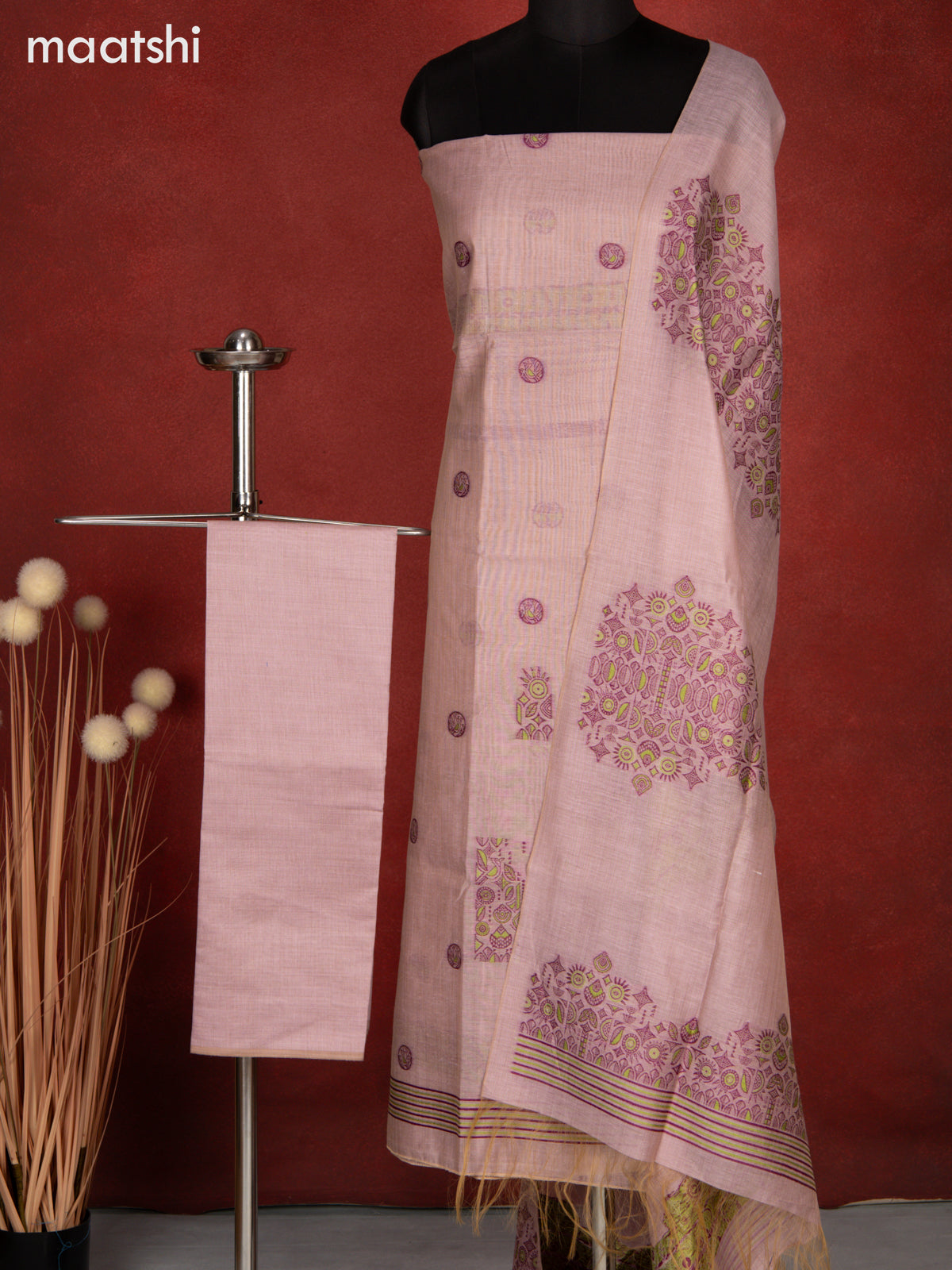 Munga dress material pastel pink with thread weaves and bottom & dupatta