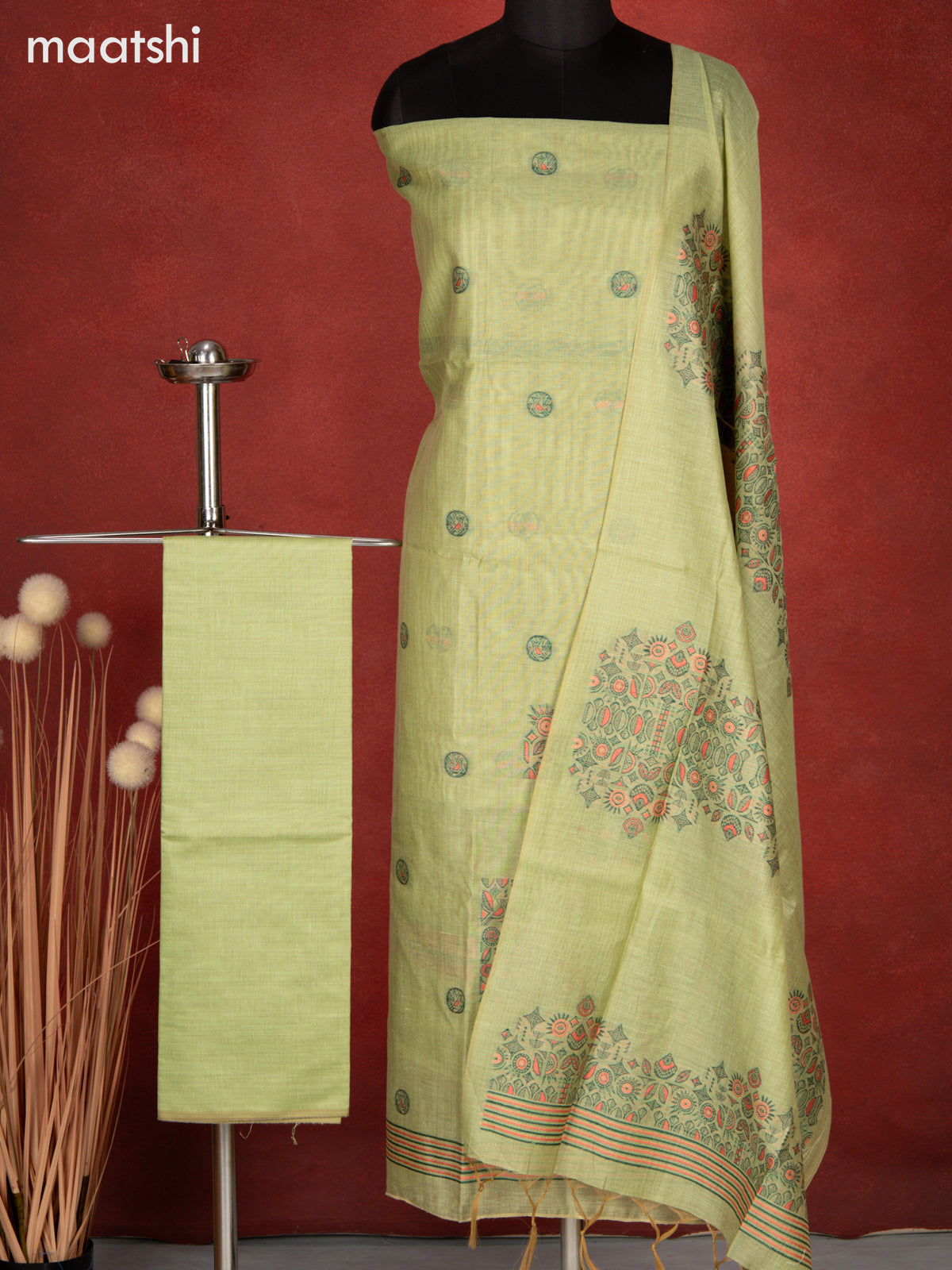 Munga dress material pista green with thread weaves and bottom & dupatta