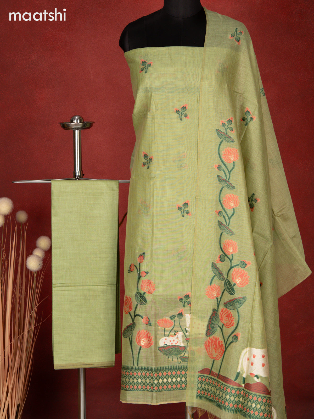Munga dress material pista green with thread & zari pichwai design and bottom & dupatta