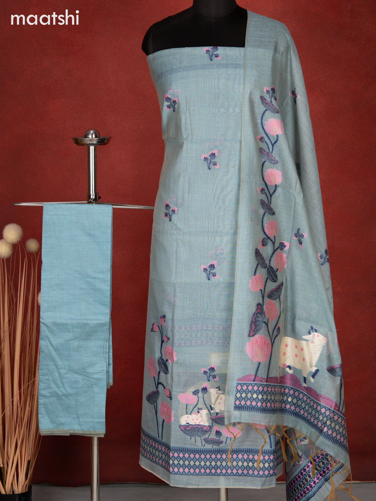 Munga dress material pastel blue with thread & zari pichwai design and bottom & dupatta