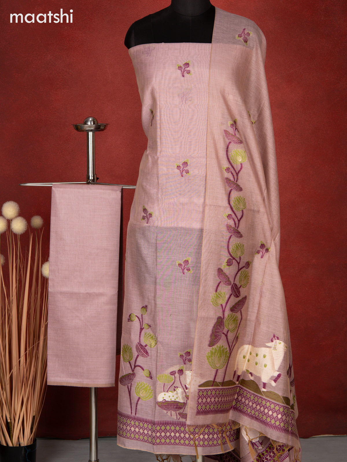Munga dress material pastel pink with thread & zari pichwai design and bottom & dupatta