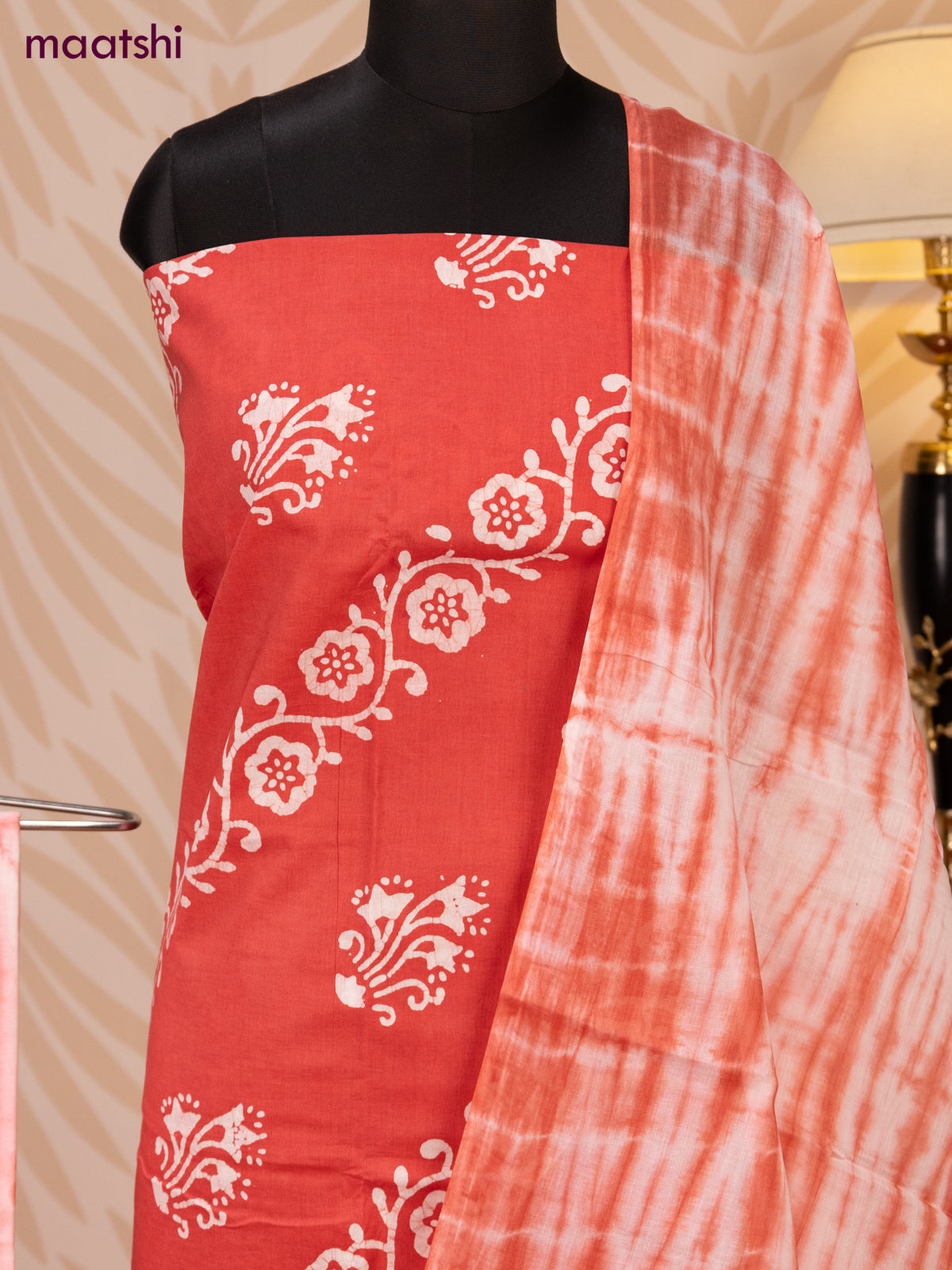 Batik cotton dress material peach pink and off white with batik prints and bottom & dupatta