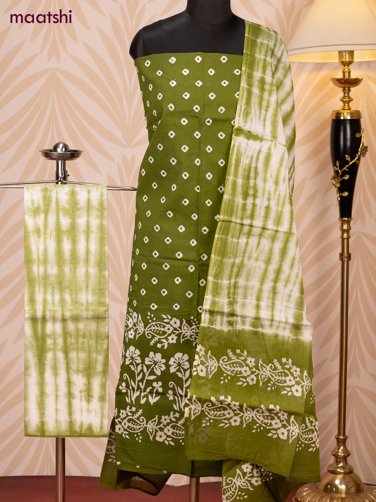 Batik cotton dress material green and off white with batik prints and bottom & dupatta