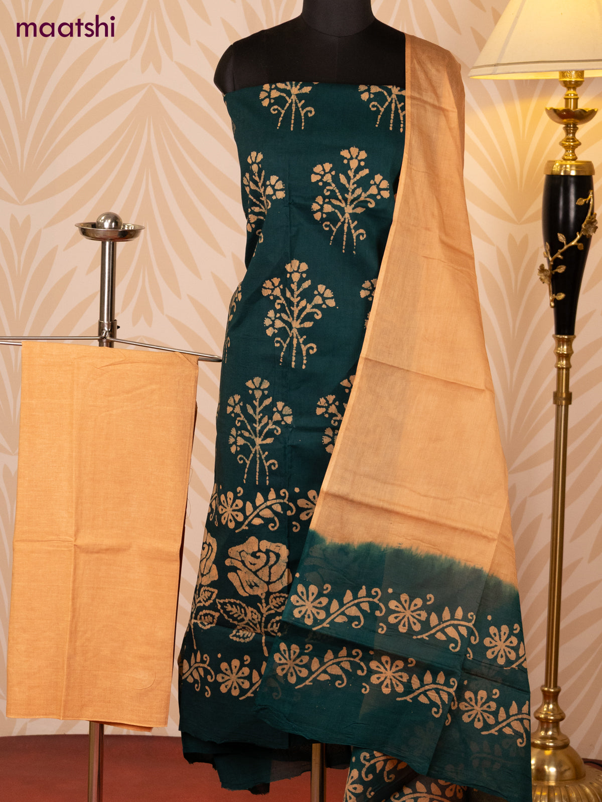 Batik cotton dress material green and sandal with batik prints and bottom & dupatta