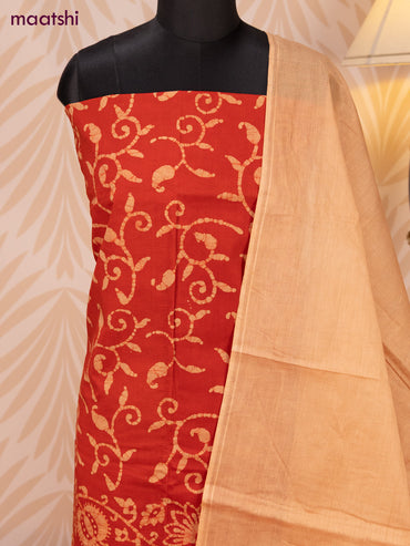 Batik cotton dress material red and sandal with batik prints and bottom & dupatta