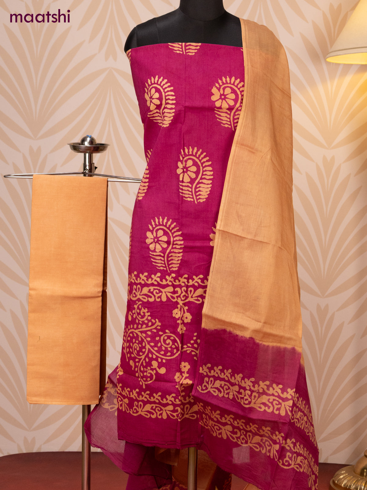 Batik cotton dress material magenta pink and sandal with batik prints and bottom & dupatta