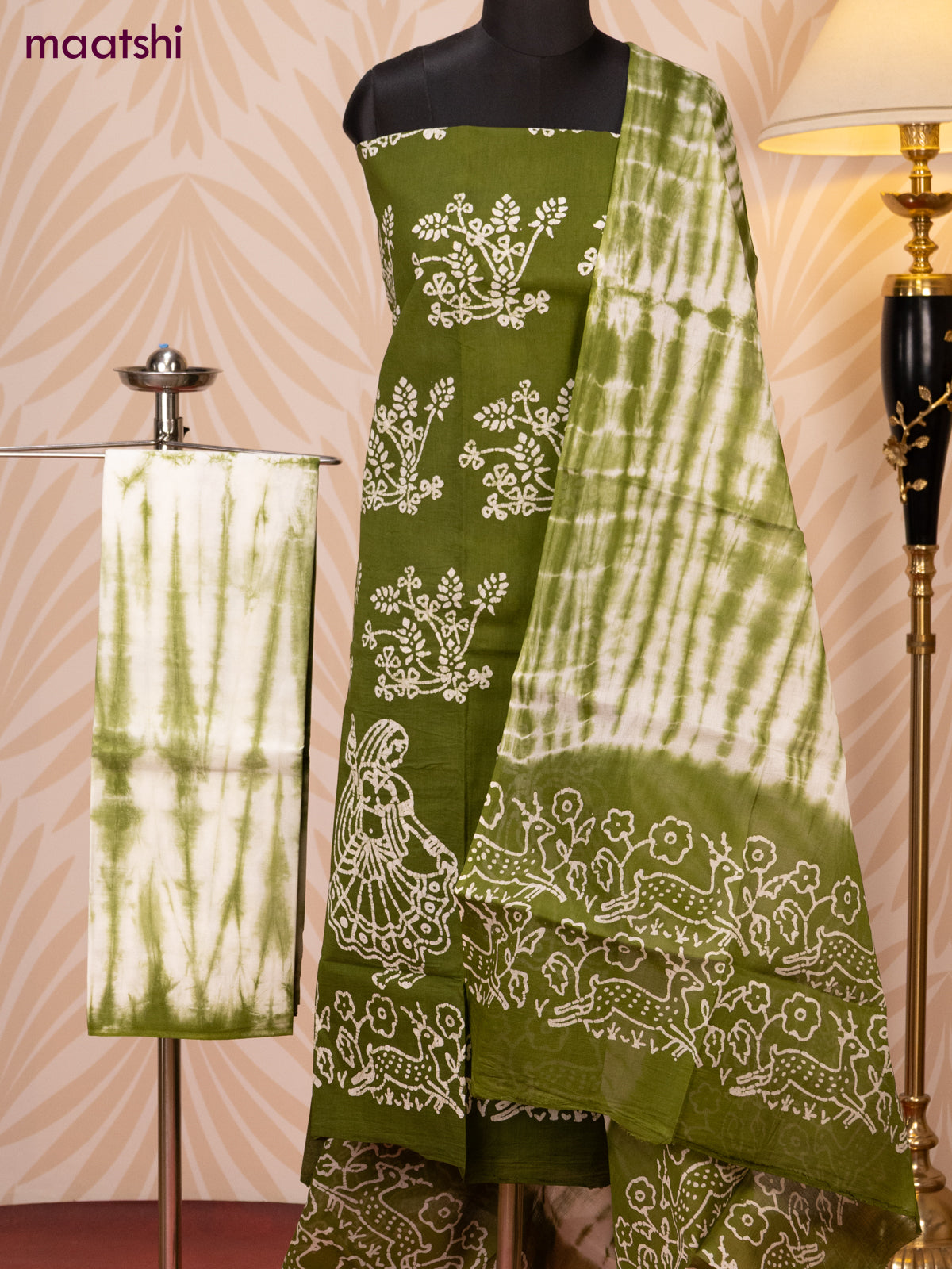 Batik cotton dress material green and off white with batik prints and bottom & dupatta