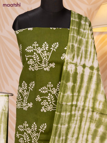Batik cotton dress material green and off white with batik prints and bottom & dupatta