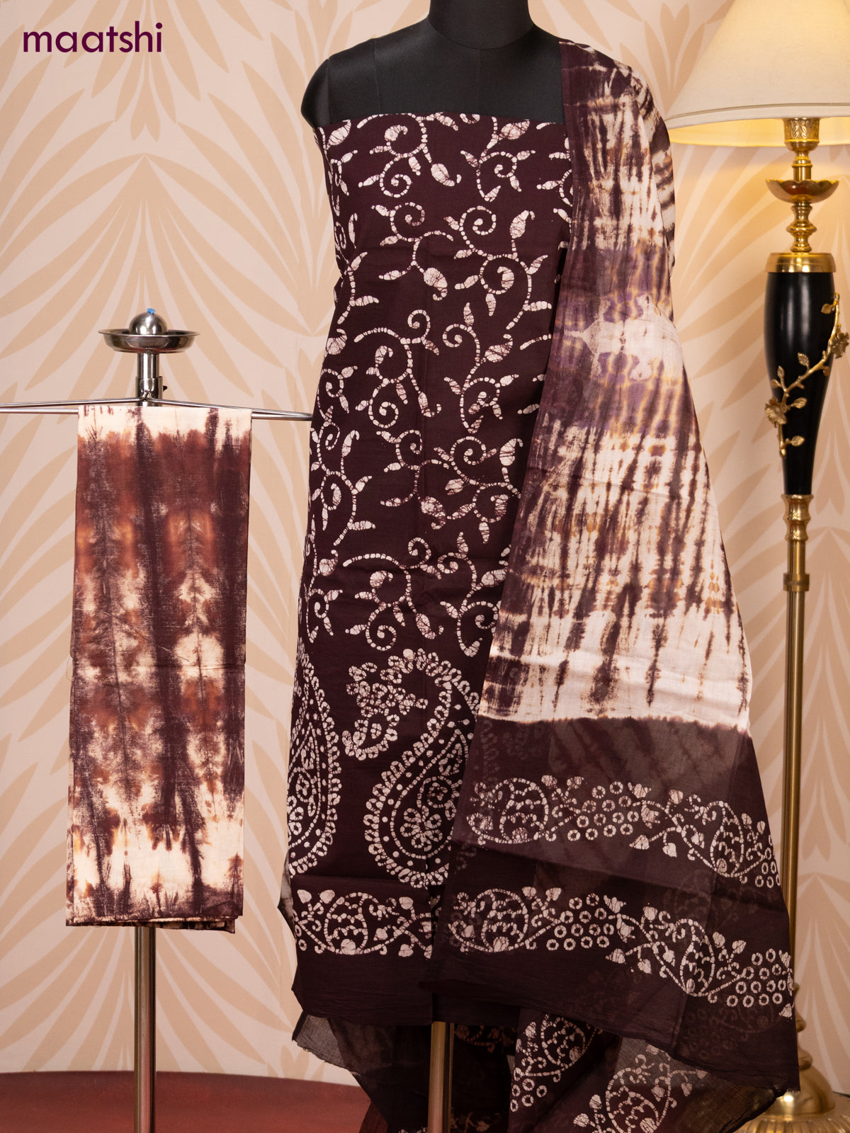 Batik cotton dress material deep coffee brown and beige brown shade with batik prints and bottom & dupatta