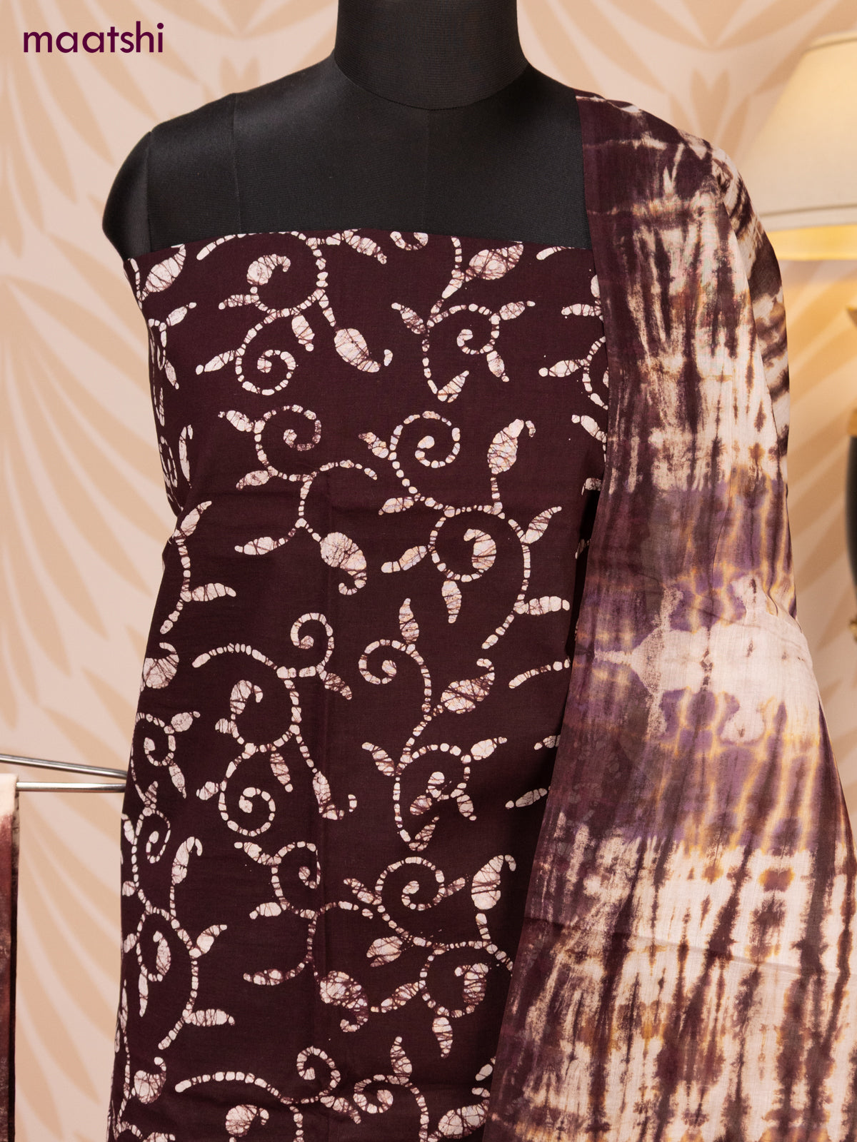 Batik cotton dress material deep coffee brown and beige brown shade with batik prints and bottom & dupatta