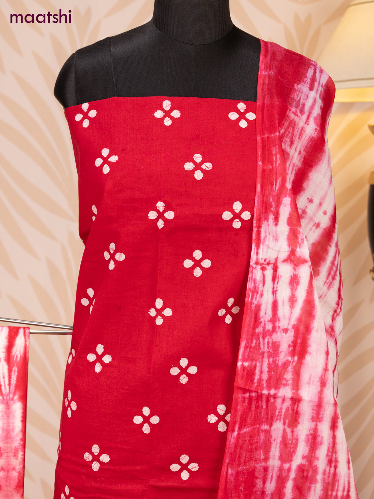 Batik cotton dress material dark pink and off white with batik butta prints and bottom & dupatta Batik cotton dress material dark pink and off white with batik butta prints and bottom & dupatta