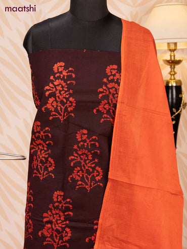 Batik cotton dress material deep coffee brown and red with batik prints and bottom & dupatta