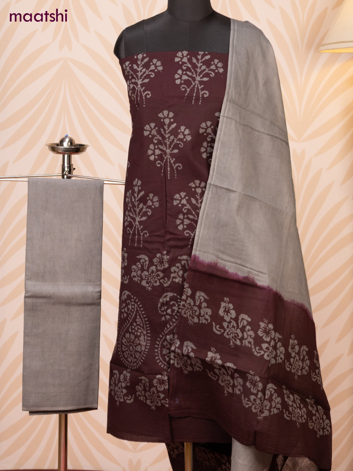 Batik cotton dress material deep coffee brown and grey with batik prints and bottom & dupatta