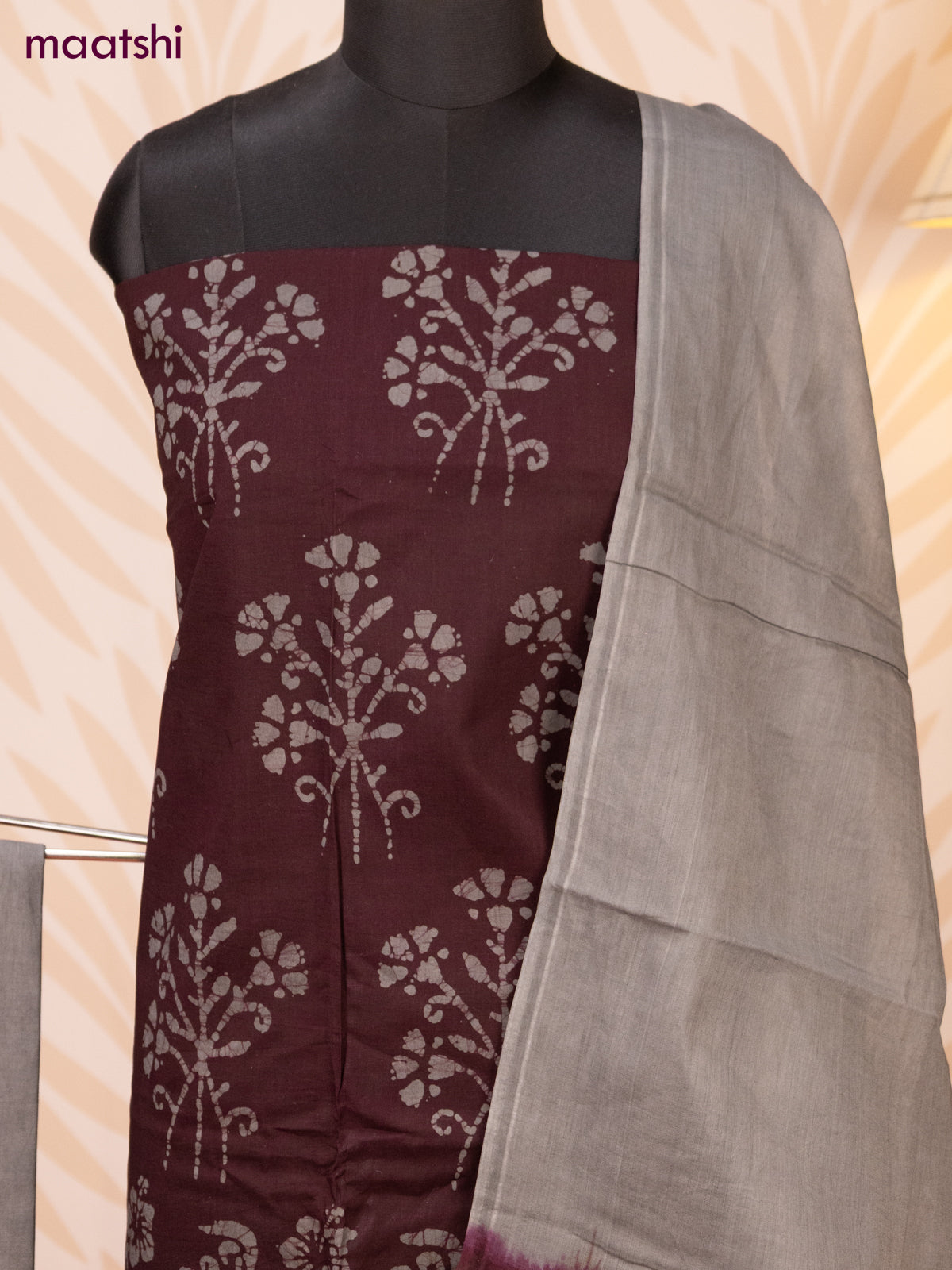 Batik cotton dress material deep coffee brown and grey with batik prints and bottom & dupatta