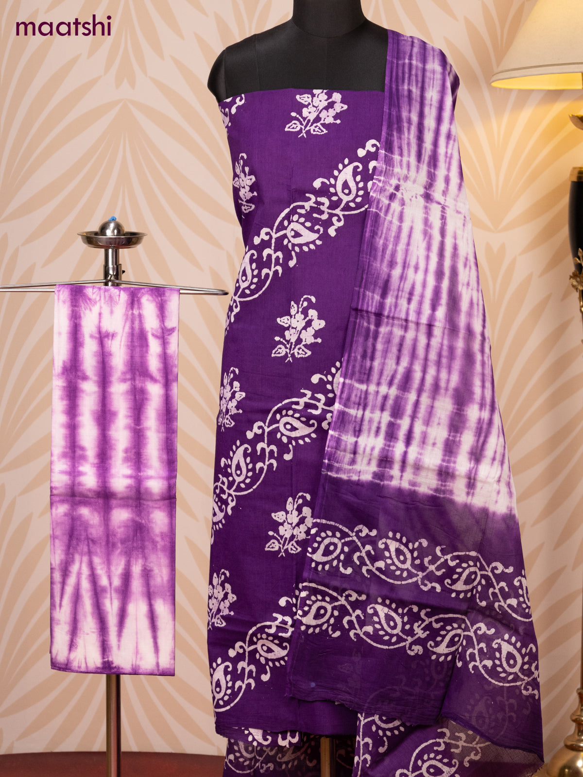 Batik cotton dress material violet and off white with batik prints and bottom & dupatta
