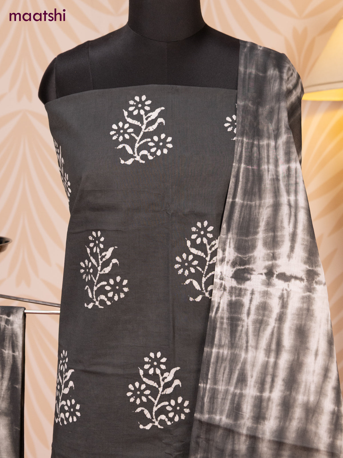 Batik cotton dress material dark grey and off white with batik prints and bottom & dupatta