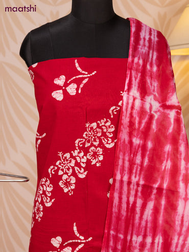 Batik cotton dress material reddish pink and off white with batik prints and bottom & dupatta