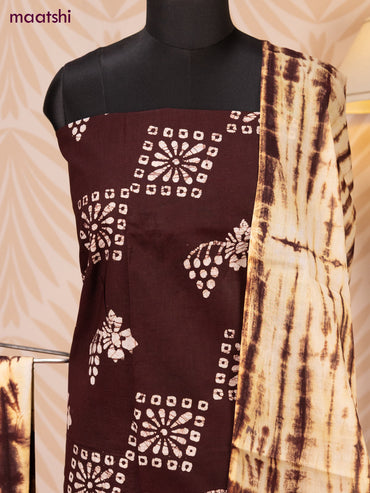 Batik cotton dress material deep coffee brown and off white with batik prints and bottom & dupatta