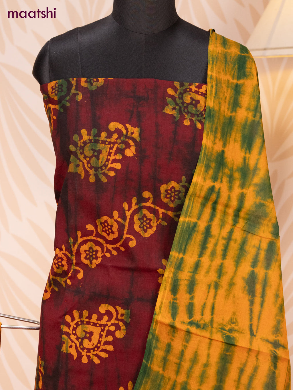 Batik cotton dress material maroon and mustard yellow with tie & dye batik prints and bottom & dupatta