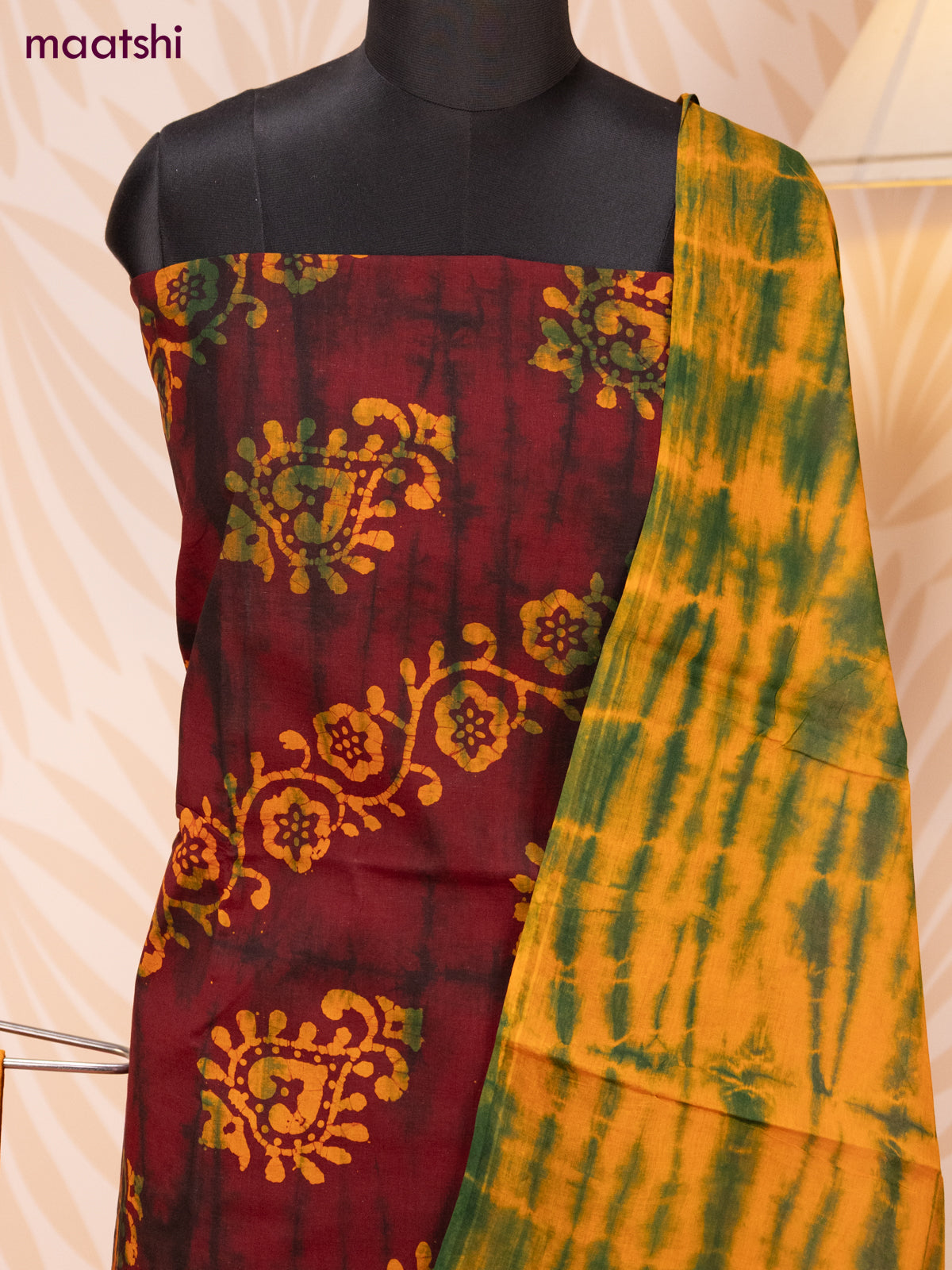 Batik cotton dress material maroon and mustard yellow with tie & dye batik prints and bottom & dupatta