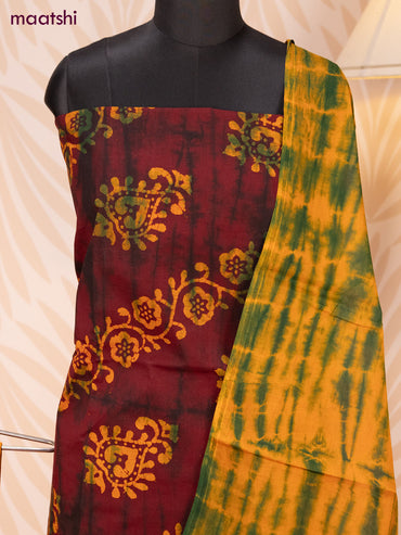 Batik cotton dress material maroon and mustard yellow with tie & dye batik prints and bottom & dupatta